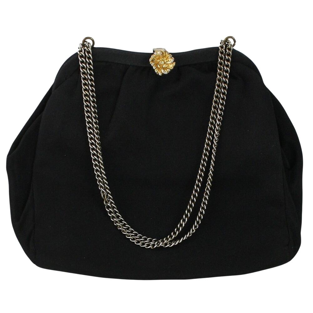 Vintage 40s Black Satin Crepe Chain Strap Evening Bag Purse